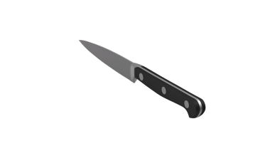 Kesim ve yemek hazırlamak için tasarlanmış siyah saplı ve gümüş bıçaklı keskin bir mutfak bıçağı..