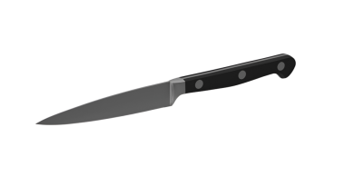Zarif, modern mutfak bıçağı, siyah saplı ve keskin bir bıçak, hassas kesim ve aşçılık işleri için tasarlanmış..