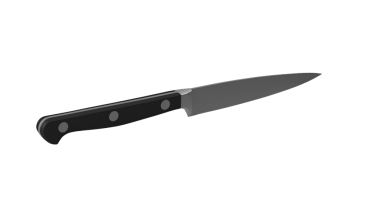 Kesim ve yemek hazırlamak için tasarlanmış siyah saplı şık bir mutfak bıçağı..
