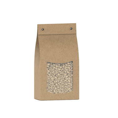 İçinde açık renkli fasulyeler olan bir kese kağıdı. İçindekileri şeffaf bir pencereden gösteriyor..