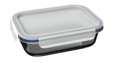 Yemeği taze tutmak için kapağı olan şeffaf bir yiyecek saklama kabı..