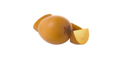 Bir meyvenin stilize bir temsili, muhtemelen bir fındık veya tohum, iç dokusunu ve rengini ortaya çıkarmak için ikiye bölünmüş..