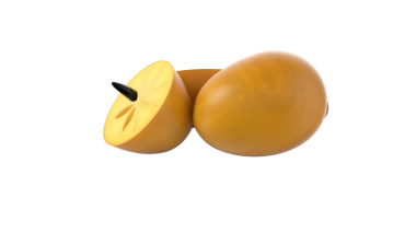 Bu resim, bir meyvenin tüm biçimini ve kesim bölümünü gösteren, dokusunu ve rengini vurgulayan stilize edilmiş bir sunumunu içerir..