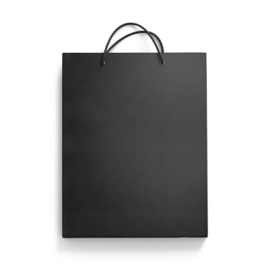 Genellikle perakende alımlarda kullanılan, saplı basit bir siyah alışveriş çantası..