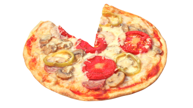 Peynirli, domatesli, mantarlı ve biberli lezzetli bir pizza..