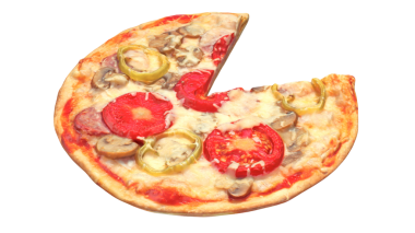 İçinde domates, mantar ve biber gibi malzemeler olan lezzetli bir pizza..