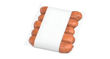 İçinde beyaz bir şeride sarılı birkaç sosis olan bir paket..