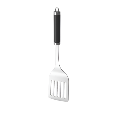 Yuvarlak kafalı paslanmaz çelik bir spatula, yemek servis etmek ve takla atmak için tasarlanmış..
