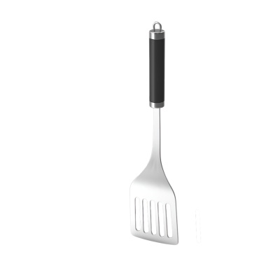 Siyah saplı paslanmaz çelik bir spatula, yemek servis etmek için tasarlanmış..