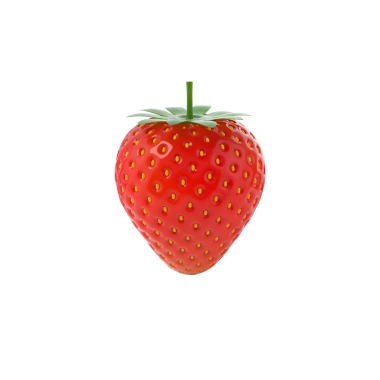 Canlı kırmızı bir çilek yeşil yapraklı bir taç, parlak dokusunu ve ikonik kalp şeklini sergiliyor..