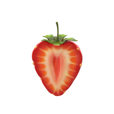 Dilimlenmiş çileğin canlı bir çizimi, sulu iç ve yeşil yapraklarını sergiliyor, yiyecekle ilgili tasarımlar için ideal..