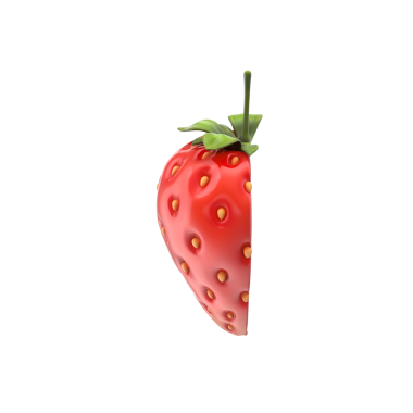 Bir çileğin gerçekçi tasviri, canlı kırmızı rengini ve yeşil yapraklarını sergiliyor, yiyecekle ilgili tasarımlar için mükemmel..