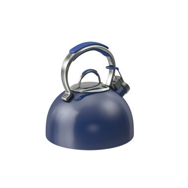 Kaynar su için tasarlanmış mavi bir su ısıtıcısı, sapı var ve kolay doldurulması için fışkırtılıyor..