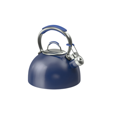 Kaynar su için tasarlanmış parlak saplı mavi bir çaydanlık..