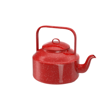 Sıcak su ya da çay yapmak için tasarlanmış, sapı ve borusu olan canlı kırmızı bir çaydanlık..