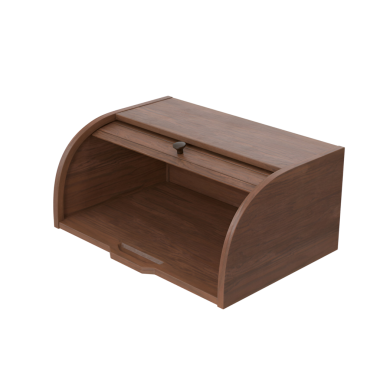 Ekmek depolamak ve taze tutmak için tasarlanmış kıvrımlı bir üst ve sürgülü bir çekmeceli tahta ekmek kutusu..