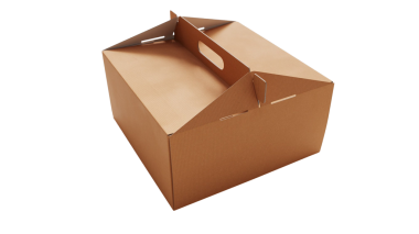 Yiyecek taşımak için tasarlanmış saplı kahverengi bir paket kutusu..