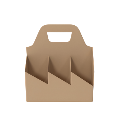 Üç bölmesi olan basit, bej renkli bir karton taşıyıcı, eşyaları düzenlemek ve taşımak için tasarlanmış..