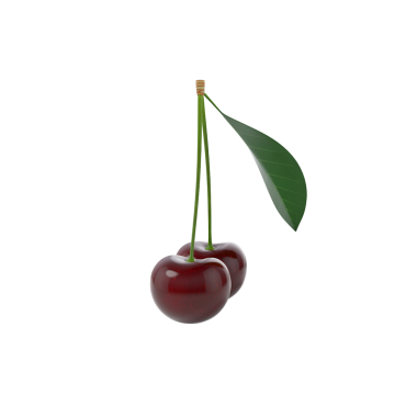 Yeşil yapraklı bir çift parlak kırmızı kiraz, tazeliği ve doğal tatlılığı simgeliyor..