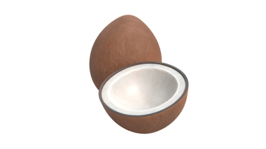 Yarım hindistan cevizi kahverengi kabuğunu ve beyaz iç etini sergiliyor. Genellikle yemek ve içeceklerde kullanılır..