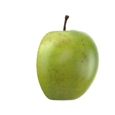 Pürüzsüz bir yüzeyi ve sağlıklı beslenme ve beslenmeyi temsil eden küçük bir gövdesi olan taze yeşil bir elma..