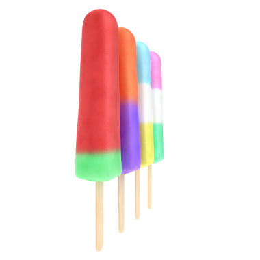 Tahta çubukların üzerinde renkli bir buz çeşidi, çeşitli tatlarda canlı katmanlar sergiliyor..