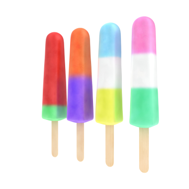 Tahta çubuklarda farklı aromalı dört renkli buz çubuğu, sıcak bir günde ferahlatıcı bir ikram için mükemmel..