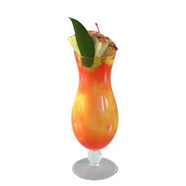 Zarif bir bardakta servis edilen canlı bir tropikal kokteyl, ananas dilimi ve yapraklarla süslenmiş, rahatlamak için mükemmel..