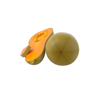 Dilimlenmiş bir balkabağı ve bütün bir balkabağının canlı renklerini ve dokularını gösteren stilize bir çizimi..