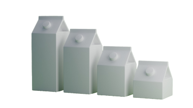 Değişen boyutlarda dört süt kutusundan oluşan bir seri. Minimalist bir tasarım sergileniyor..
