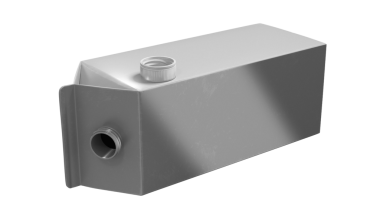 Ağzı olan gri bir kap, genellikle sıvı depolamak için kullanılır..