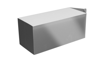 Basit, dikdörtgen, metalik bir kutu, biraz eğimli, muhtemelen depolama veya ambalaj için kullanılır..