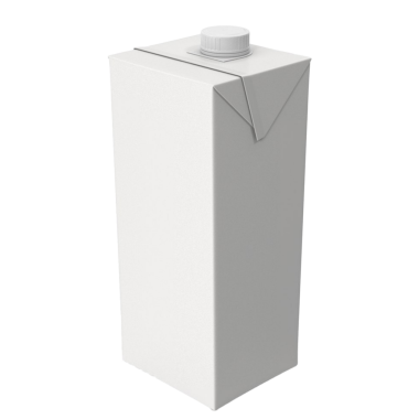 Süt veya meyve suyu gibi içeceklerde kullanılan, ambalaj sıvıları için tasarlanmış sade, beyaz bir karton..