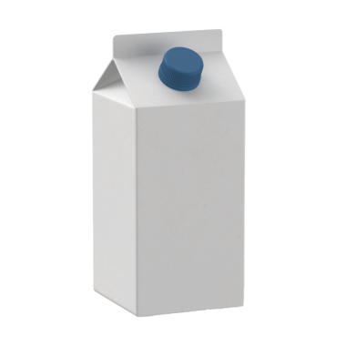 Mavi şapkalı sade beyaz bir süt kutusu. Genellikle içecek depolamak ve servis etmek için kullanılır..