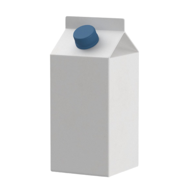 Süt ya da meyve suyu gibi sıvı ürünleri depolamak ve dağıtmak için tasarlanmış mavi başlıklı basit, beyaz bir süt kutusu..
