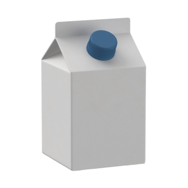 Mavi şapkalı sade beyaz bir süt kutusu, genellikle içecek depolamak ve servis etmek için kullanılır..