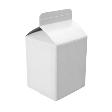 Kolayca doldurulması için klasik bir tasarımı olan sade beyaz bir süt kutusu..