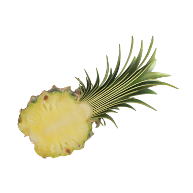 Dilimlenmiş bir ananas canlı sarı et ve yeşil yapraklarını sergiliyor, tropikal cazibesini ve tazeliğini vurguluyor..