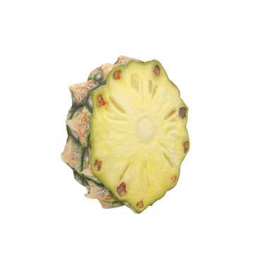Dilimlenmiş bir ananas canlı sarı derisini ve eşsiz dokusunu sergiler. Mutfak sunumları veya tropikal temalar için mükemmeldir..
