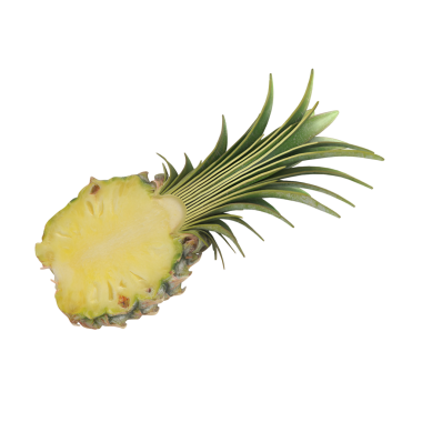 Dilimlenmiş bir ananas canlı sarı et ve yeşil yapraklarını sergiliyor. Tropikal yemekler veya ferahlatıcı içecekler için mükemmel..