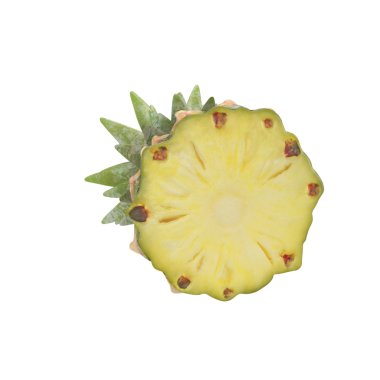 Ananasın bir kesitinde canlı sarı iç ve yeşil yapraklar sergileniyor..