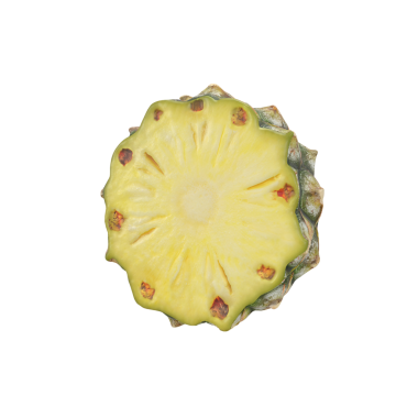 Dilimlenmiş bir ananasın canlı sarı etini ve eşsiz dokusunu gösteren üst görüntüsü..