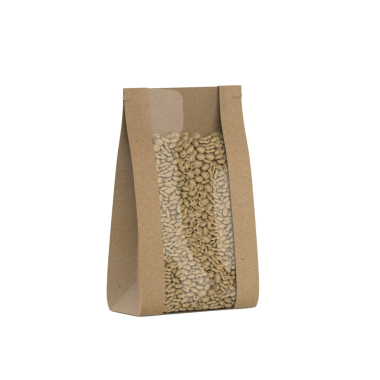 Gıda kullanımı veya depolama amaçlı açık renkli tohumlarla dolu şeffaf bir çanta..