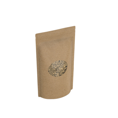 İçinde şeffaf pencere kaplaması olan kahverengi bir kese kağıdı. İçinde tohumlar sergileniyor. Genellikle gıda ürünlerini paketlemek için kullanılır..