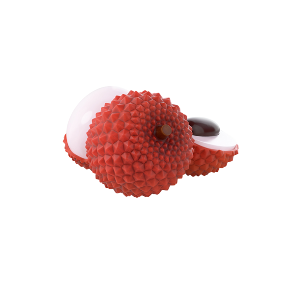 Lychee meyvelerinin canlı, stilize edilmiş tasviri, dokulu derilerini ve pürüzsüz iç organlarını gözler önüne seriyor..