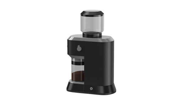 Evde kullanmak için tasarlanmış şeffaf bir kahve öğütücüsü. İçinde öğütülmüş kahve için şeffaf bir kap var..