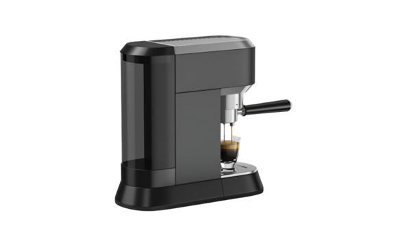 Kahveyi verimli ve şık bir şekilde demlemek için tasarlanmış parlak siyah bir espresso makinesi..