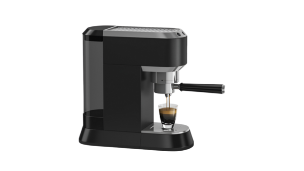 Evde ya da kafelerde kahve yapmak için tasarlanmış parlak siyah bir espresso makinesi..
