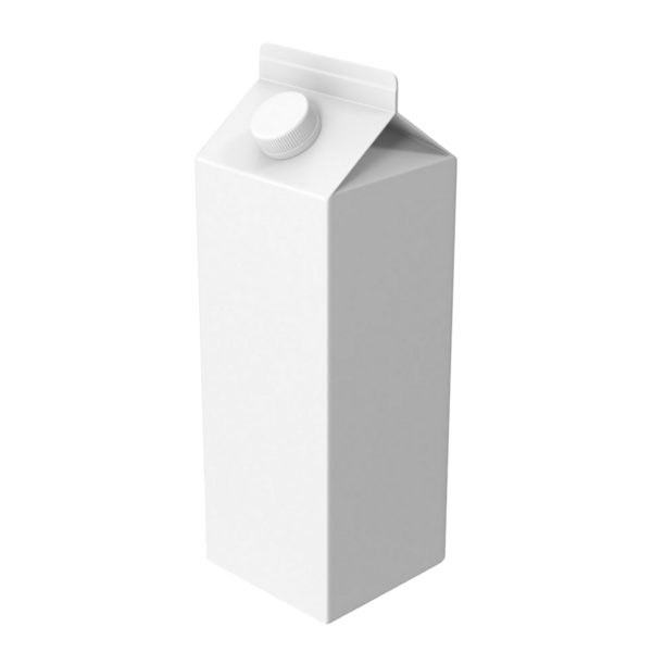 Kapağı mühürlü, sade beyaz bir karton, süt veya meyve suyu gibi sıvıları paketlemek için kullanılır..
