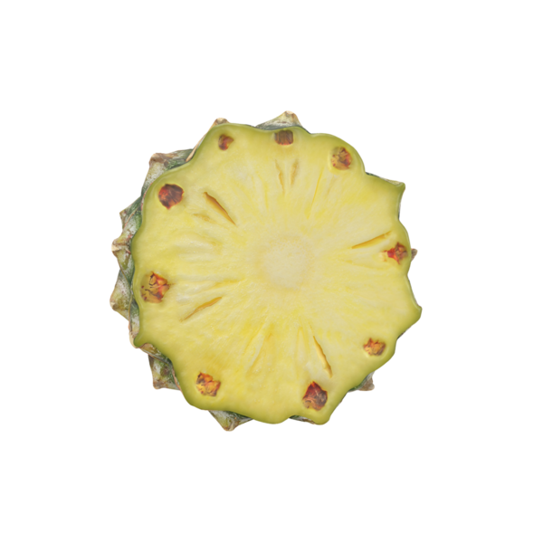 Dilimlenmiş bir ananasın canlı sarı derisini ve desenli derisini gösteren üst görüntüsü..